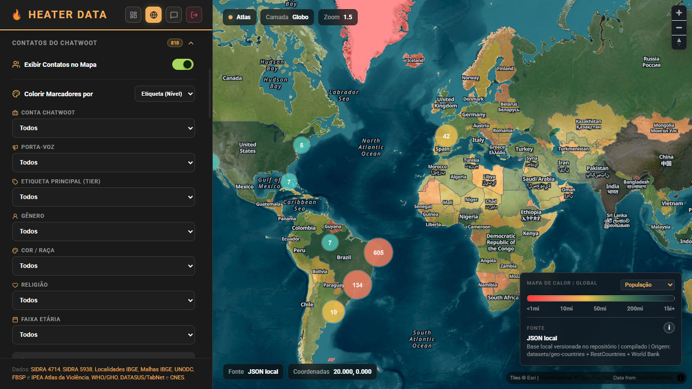 Visualização Mundial de Onde os Leads Estão Cadastrados - Mapa Global de Calor do Atlas